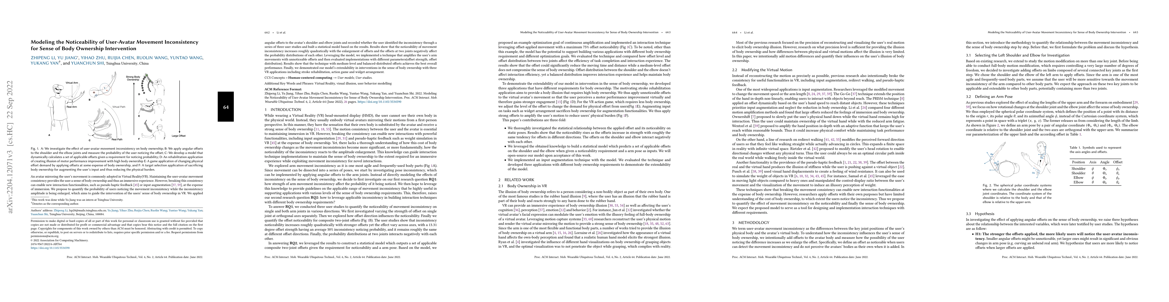 Thumbnail for Modeling the Noticeability of User-Avatar Movement Inconsistency for
  Sense of Body Ownership Intervention