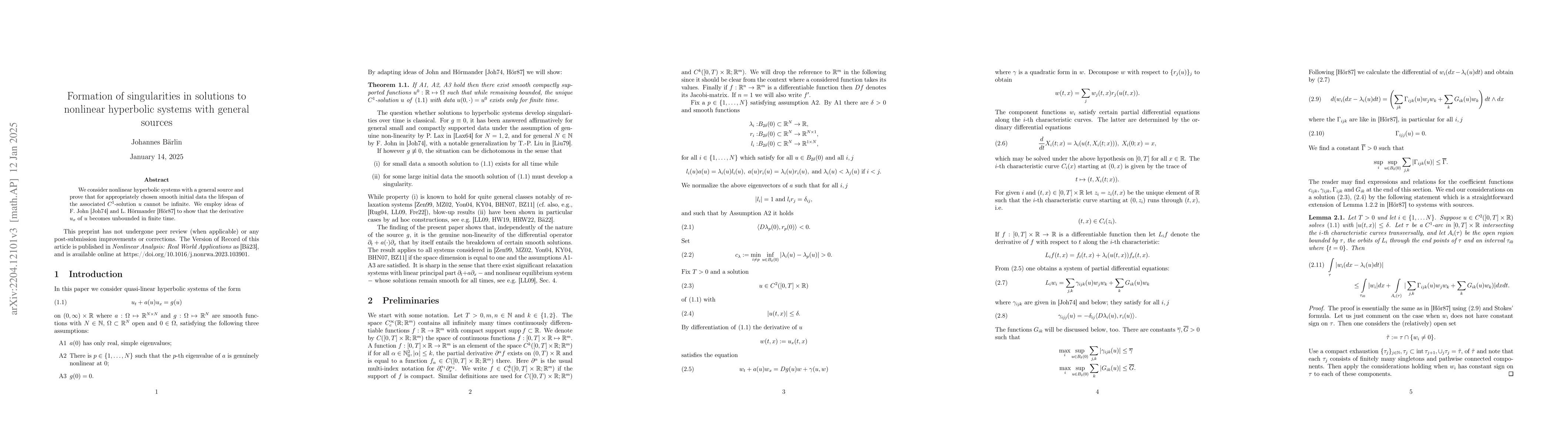 Thumbnail for Formation of singularities in solutions to nonlinear hyperbolic systems
  with general sources