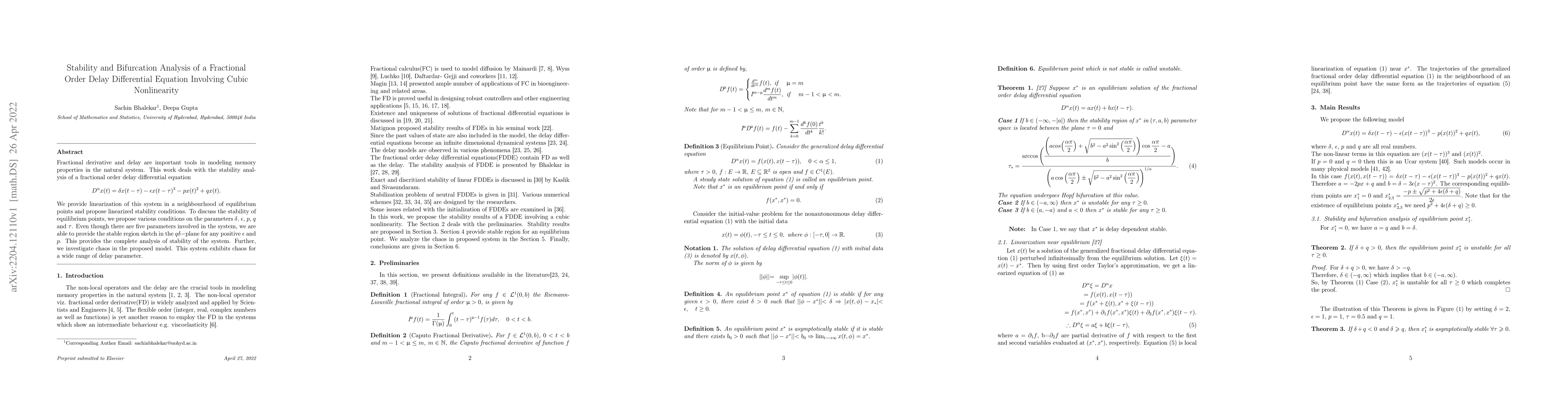 Thumbnail for Stability and Bifurcation Analysis of a Fractional Order Delay
  Differential Equation Involving Cubic Nonlinearity
