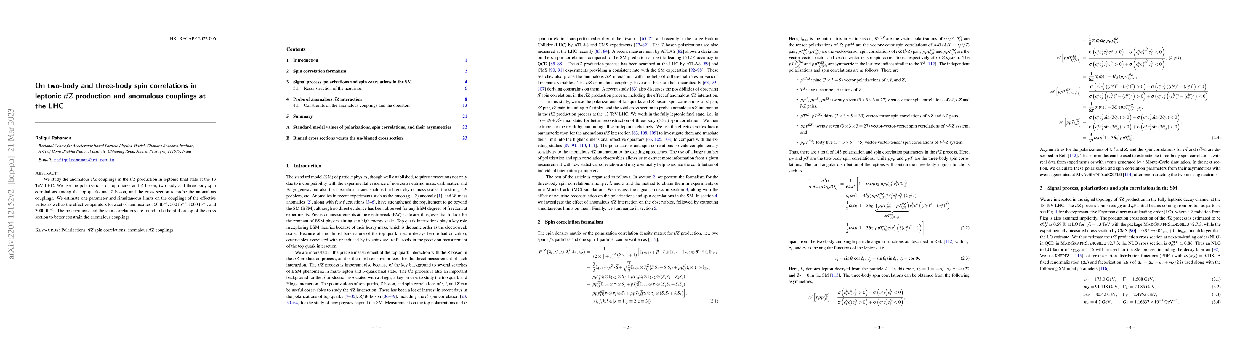Thumbnail for On two-body and three-body spin correlations in leptonic $t\bar{t}Z$
  production and anomalous couplings at the LHC
