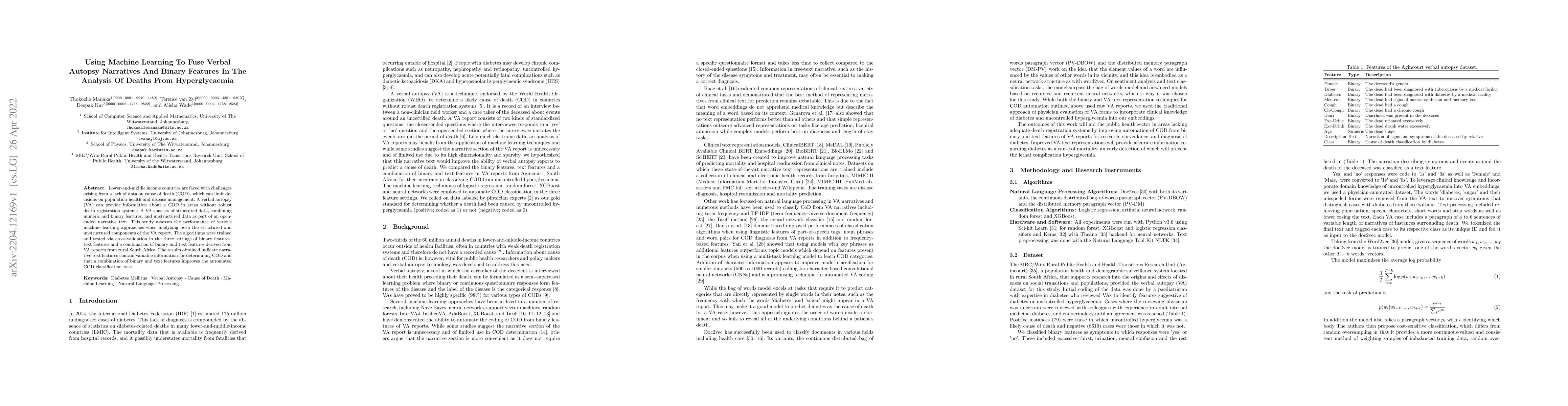 Thumbnail for Using Machine Learning to Fuse Verbal Autopsy Narratives and Binary
  Features in the Analysis of Deaths from Hyperglycaemia