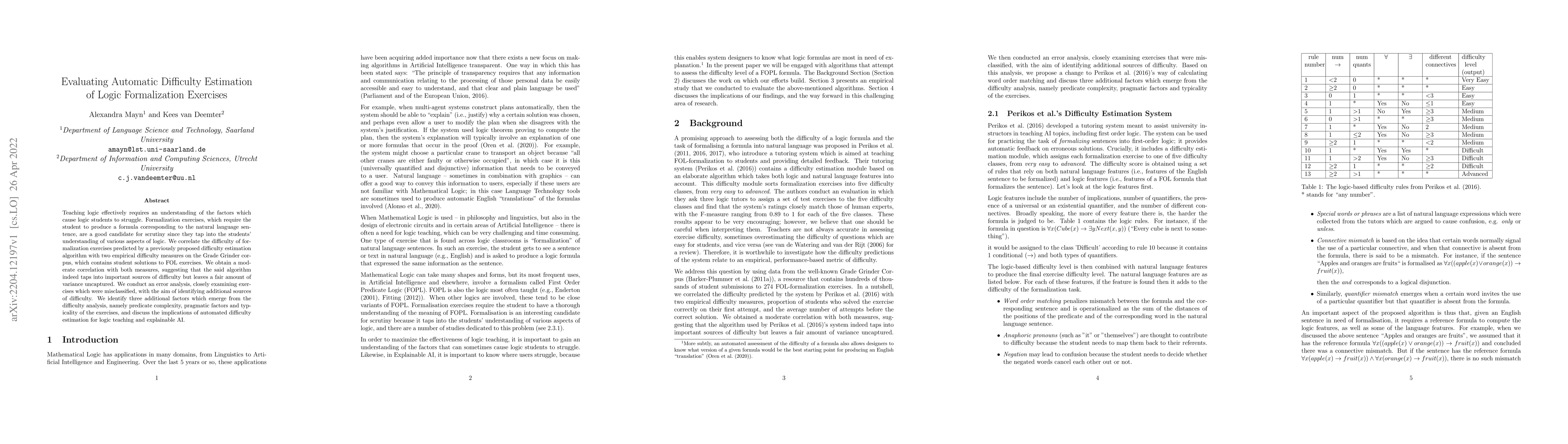 Thumbnail for Evaluating Automatic Difficulty Estimation of Logic Formalization
  Exercises