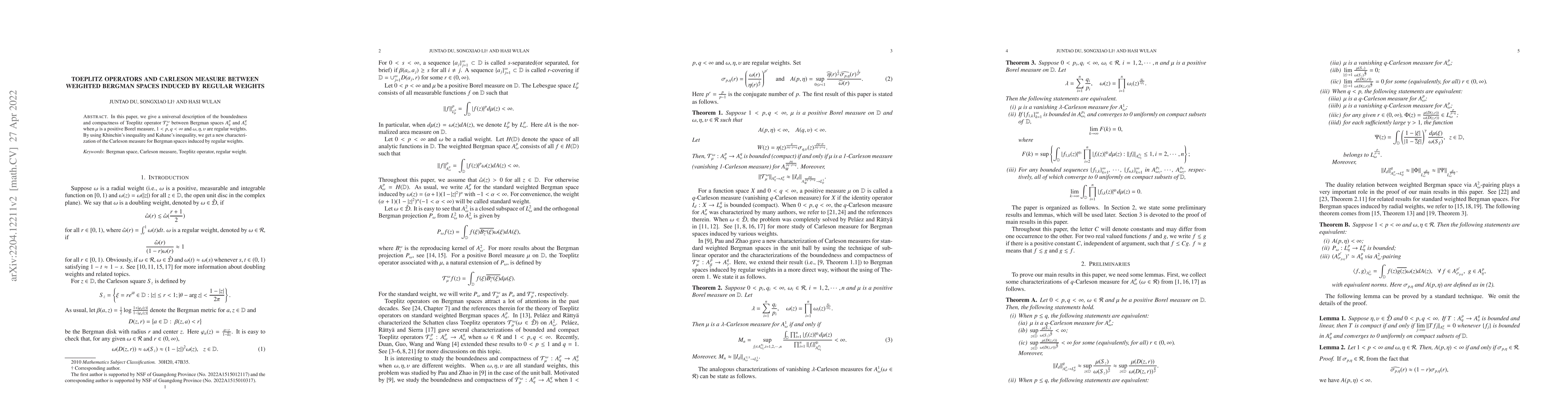Thumbnail for Toeplitz operators and Carleson measure between weighted Bergman spaces
  induced by regular weights