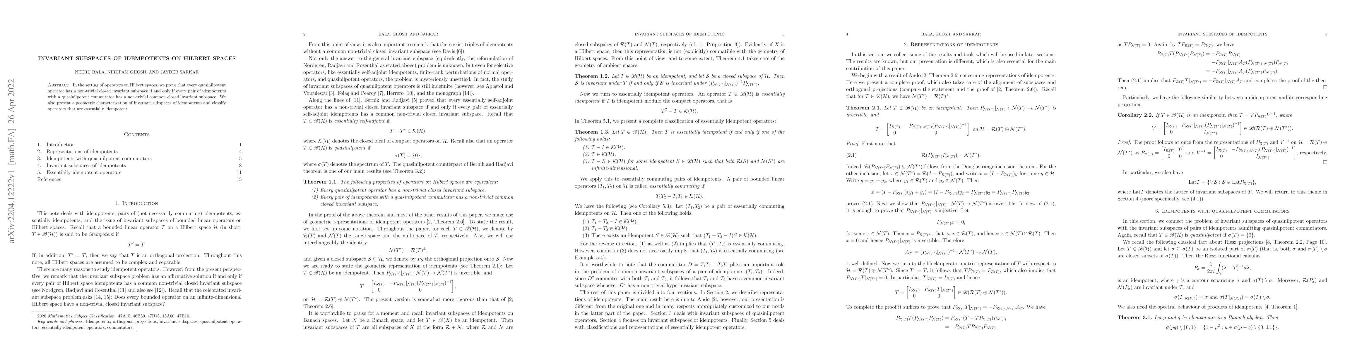 Thumbnail for Invariant subspaces of idempotents on Hilbert spaces