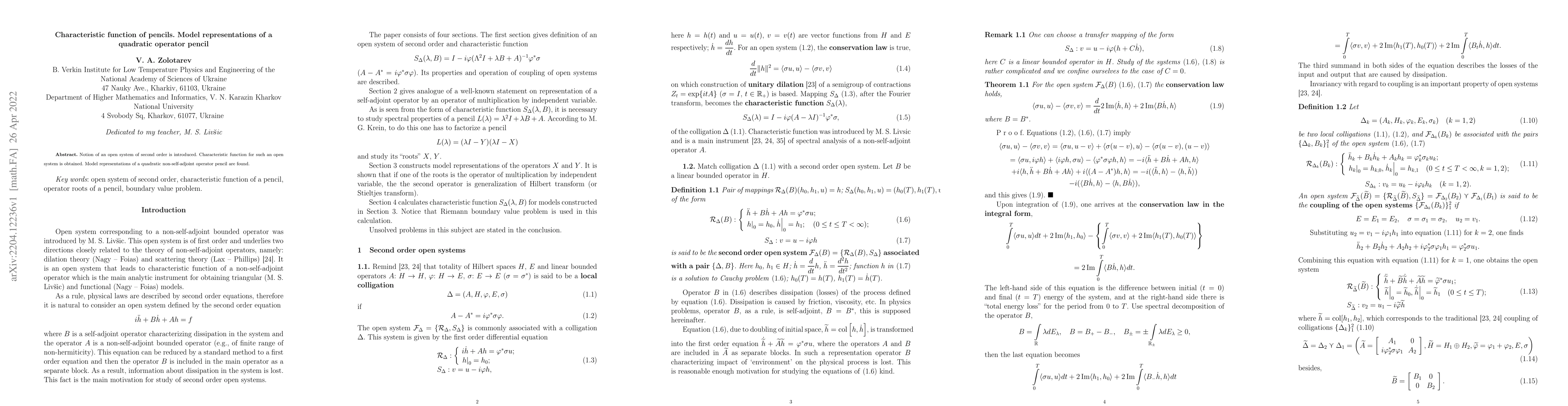Thumbnail for Characteristic function of pencils. Model representations of a quadratic
  operator pencil