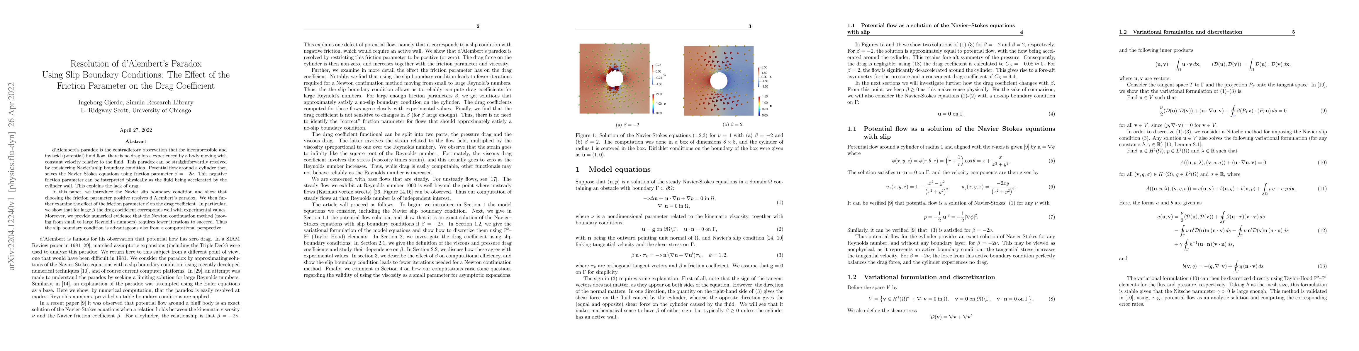 Thumbnail for Resolution of d'Alembert's paradox using slip boundary conditions: The
  effect of the friction parameter on the drag coefficient