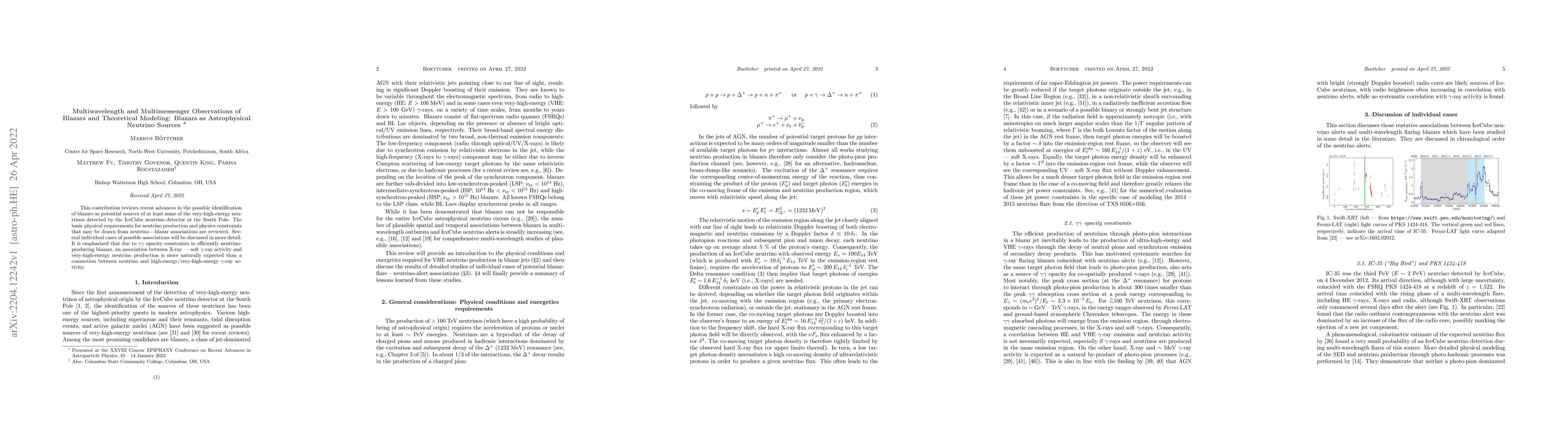 Thumbnail for Multiwavelength and Multimessenger Observations of Blazars and
  Theoretical Modeling: Blazars as Astrophysical Neutrino Sources