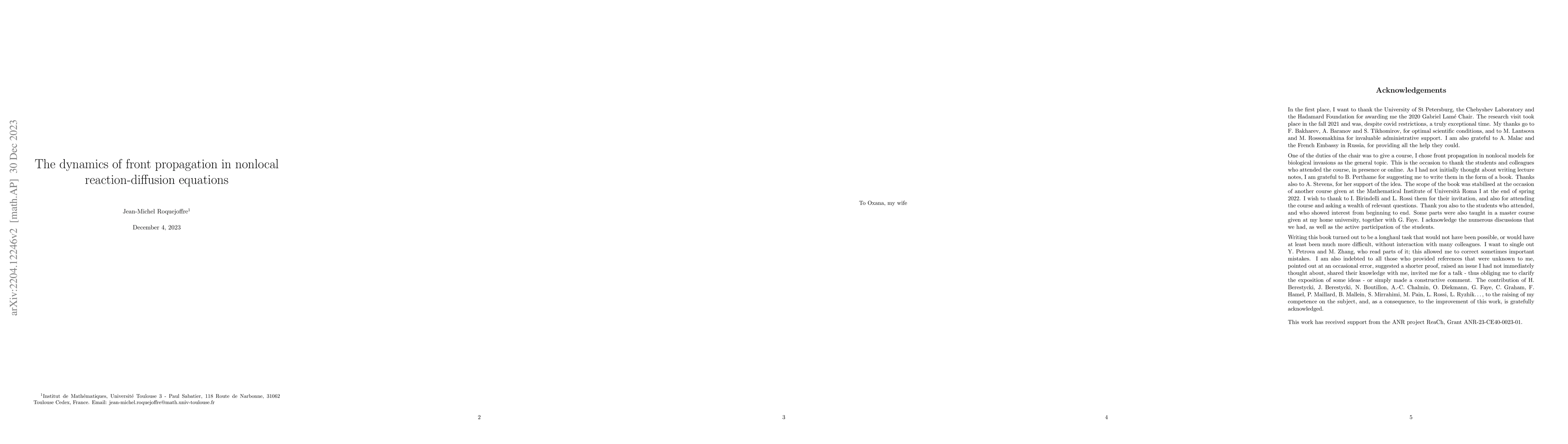 Thumbnail for The dynamics of front propagation in nonlocal reaction-diffusion
  equations