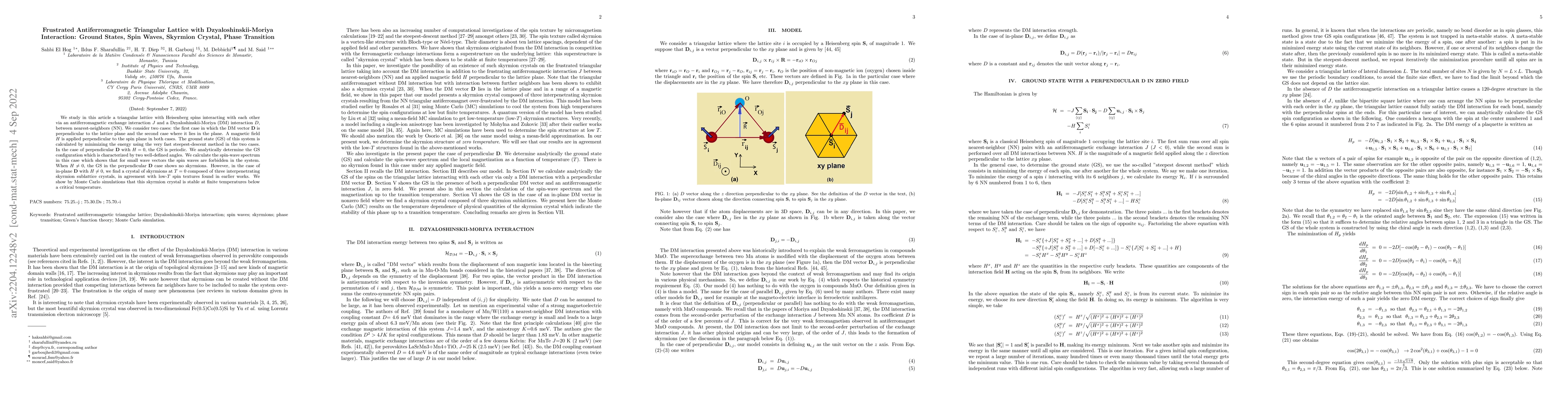 Thumbnail for Frustrated Antiferromagnetic Triangular Lattice with
  Dzyaloshinskii-Moriya Interaction: Ground States, Spin Waves, Skyrmion
  Crystal, Phase Transition