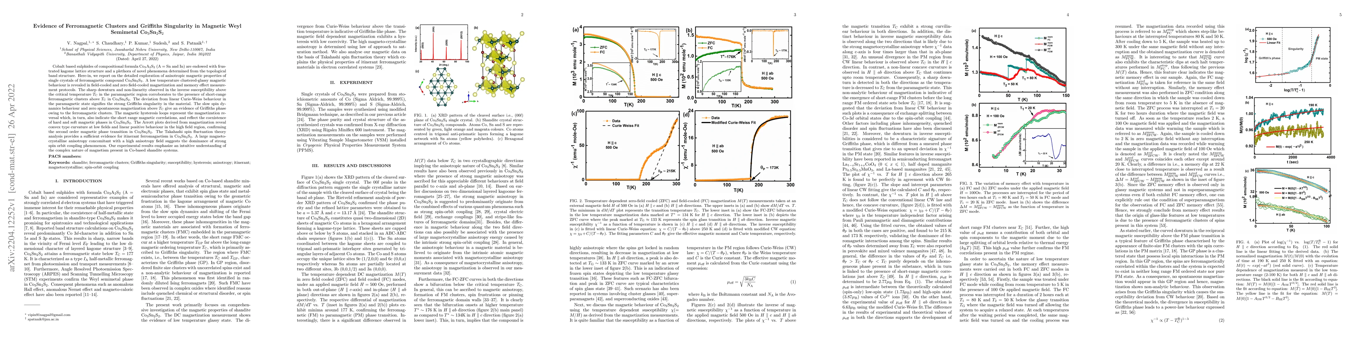 Thumbnail for Evidence of Ferromagnetic Clusters and Griffiths Singularity in Magnetic
  Weyl Semimetal Co$ _{3} $Sn$ _{2} $S$ _{2} $
