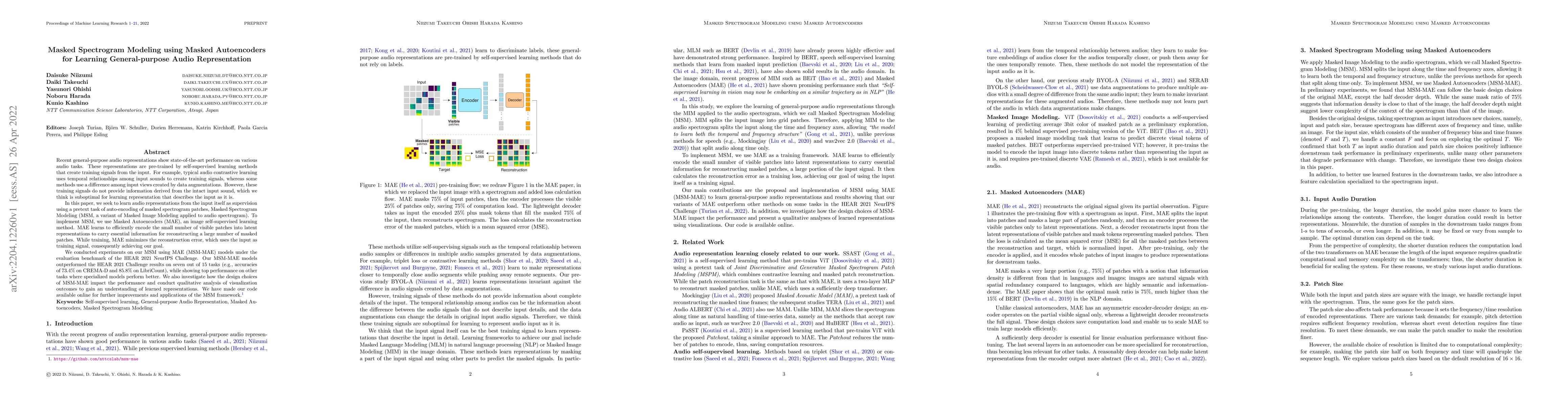 Thumbnail for Masked Spectrogram Modeling using Masked Autoencoders for Learning
  General-purpose Audio Representation