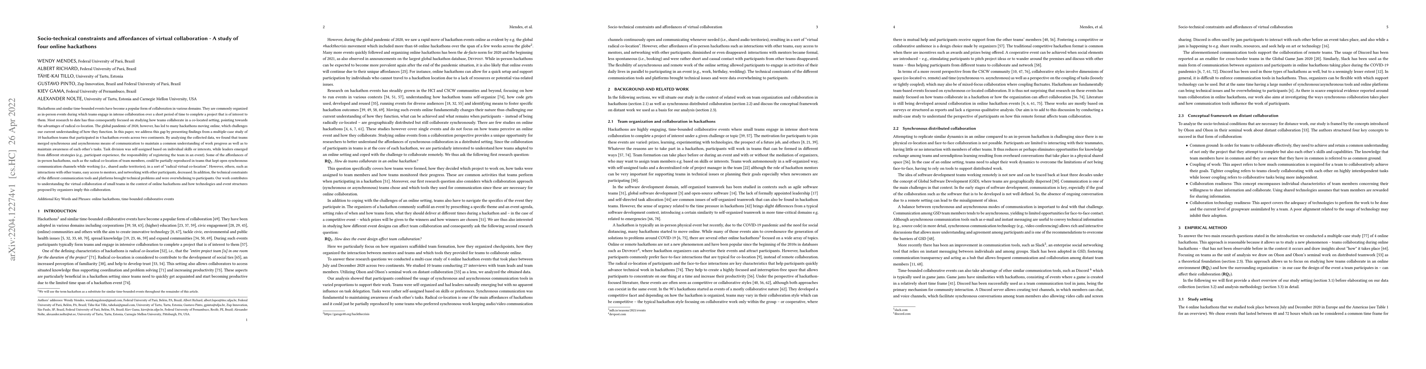 Thumbnail for Socio-technical constraints and affordances of virtual collaboration --
  A study of four online hackathons