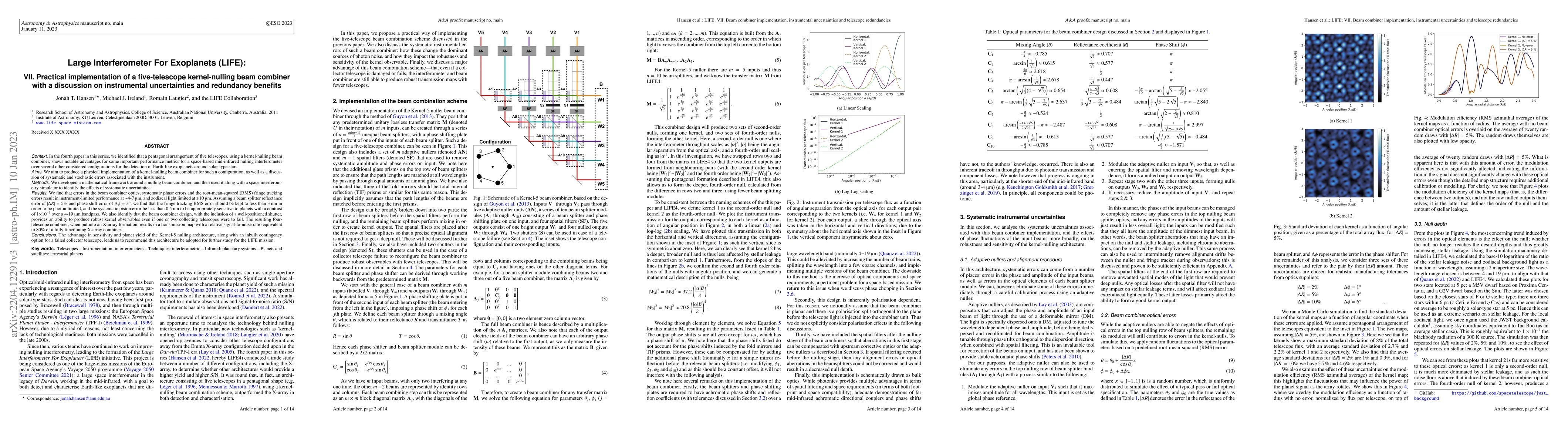 Thumbnail for Large Interferometer For Exoplanets (LIFE): VII. Practical
  implementation of a five-telescope kernel-nulling beam combiner with a
  discussion on instrumental uncertainties and redundancy benefits