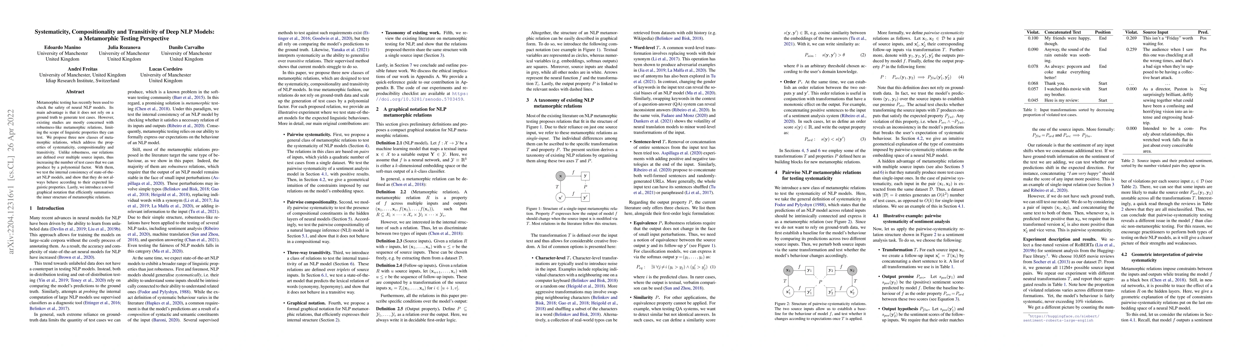 Thumbnail for Systematicity, Compositionality and Transitivity of Deep NLP Models: a
  Metamorphic Testing Perspective