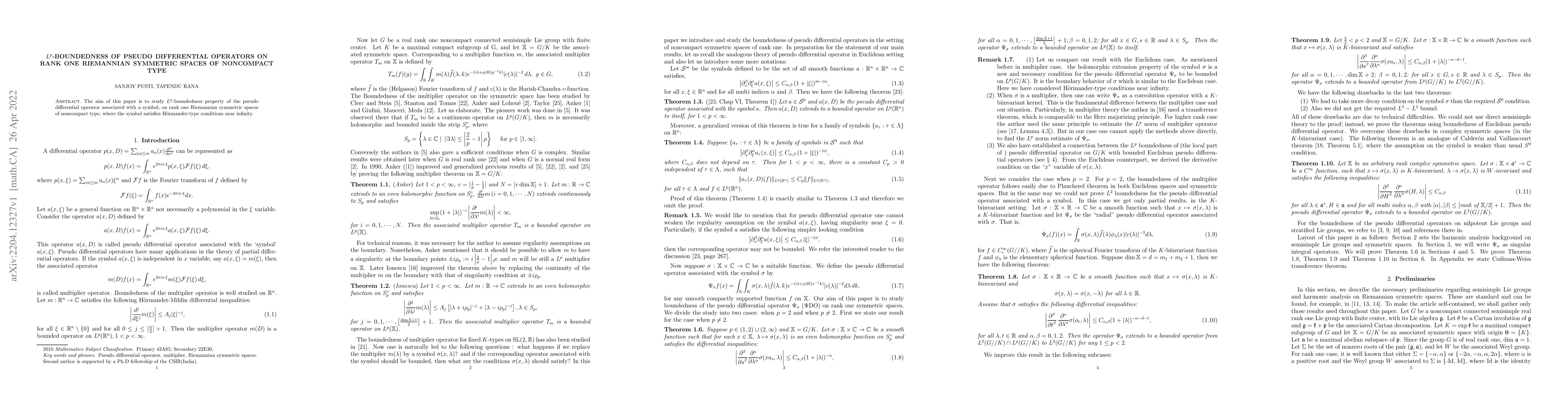 Thumbnail for $L^p$-boundedness of Pseudo differential operators on rank one
  Riemannian symmetric spaces of noncompact type