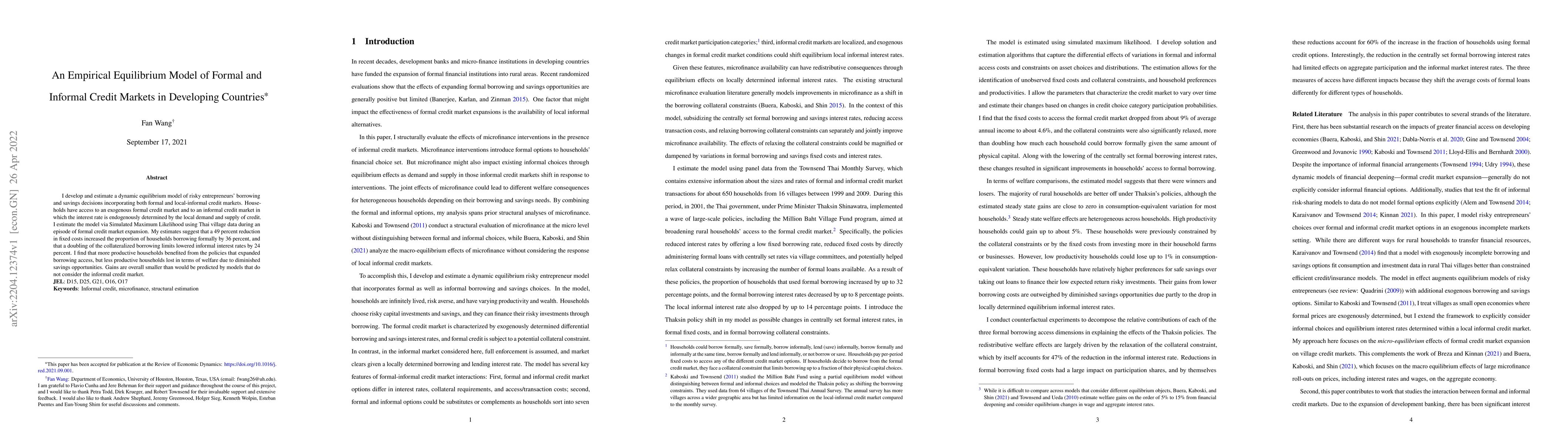 Thumbnail for An empirical equilibrium model of formal and informal credit markets in
  developing countries