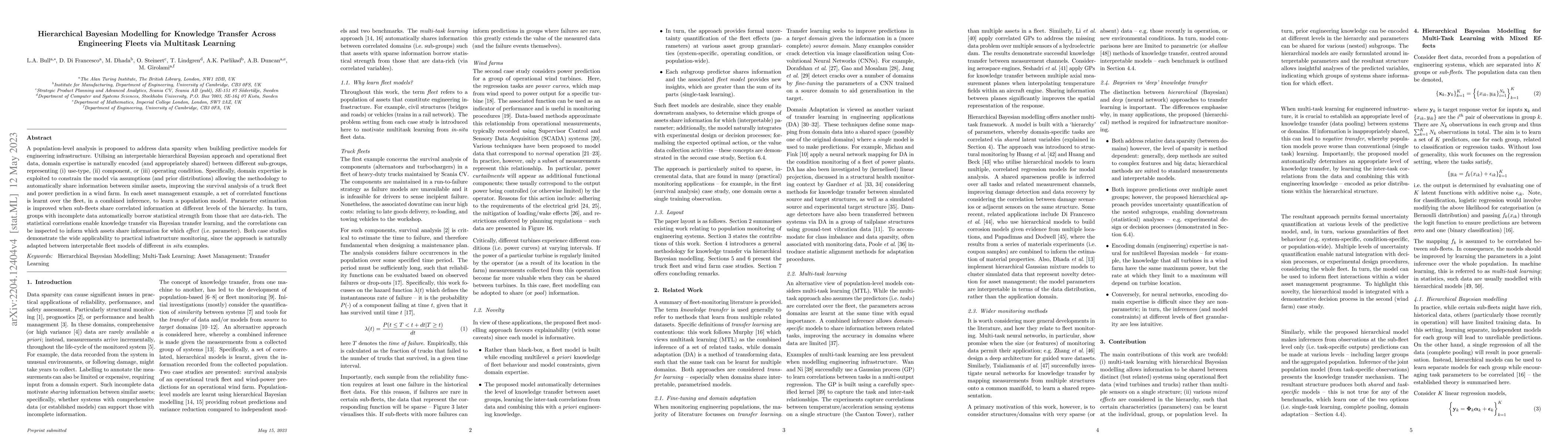 Thumbnail for Hierarchical Bayesian Modelling for Knowledge Transfer Across
  Engineering Fleets via Multitask Learning