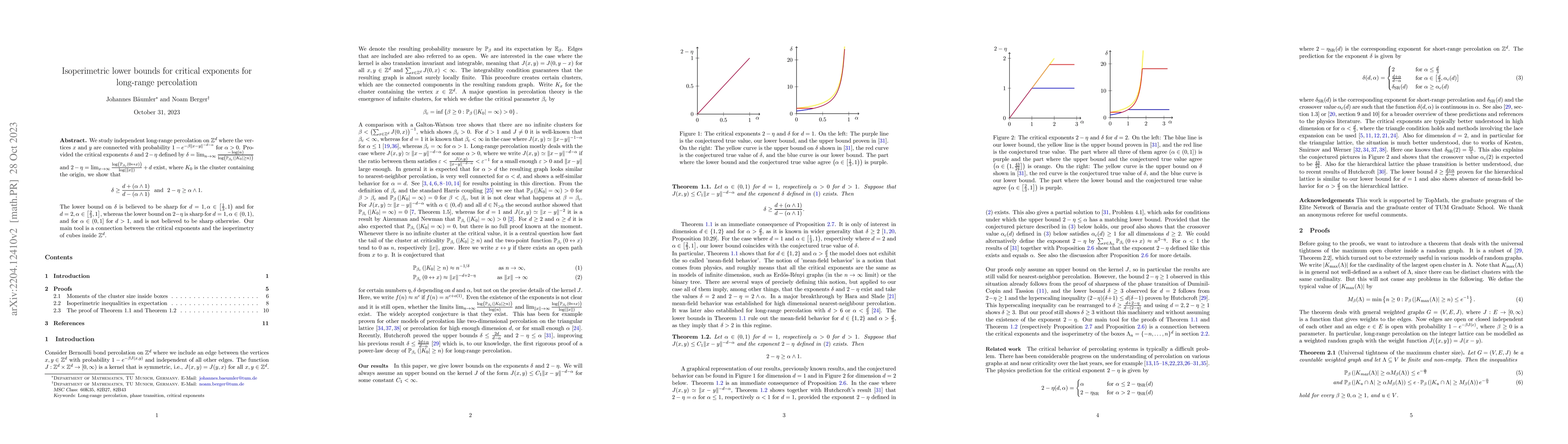 Thumbnail for Isoperimetric lower bounds for critical exponents for long-range
  percolation