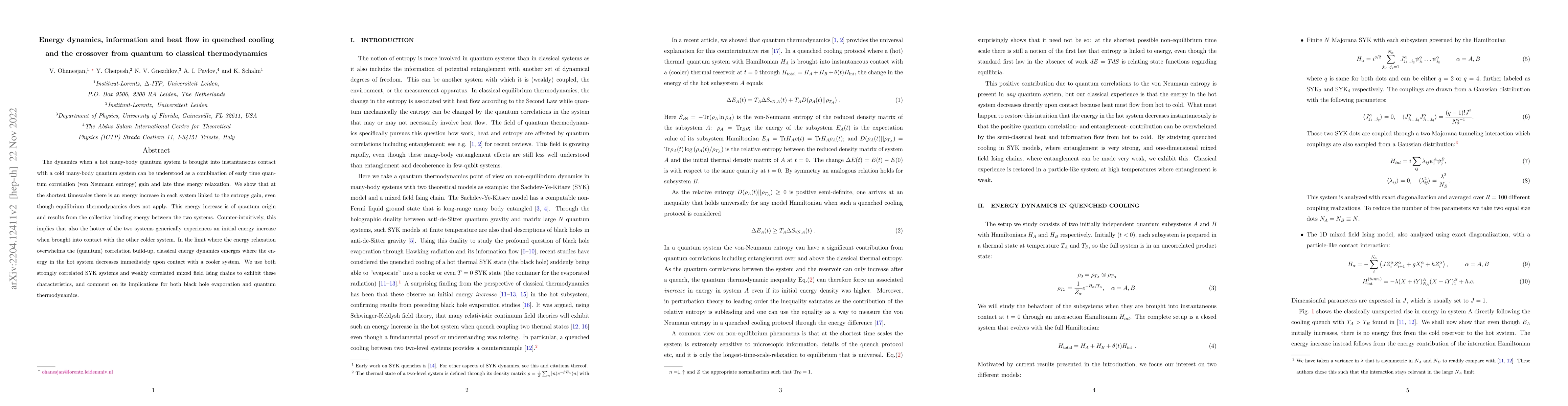 Thumbnail for Energy dynamics, information and heat flow in quenched cooling and the
  crossover from quantum to classical thermodynamics