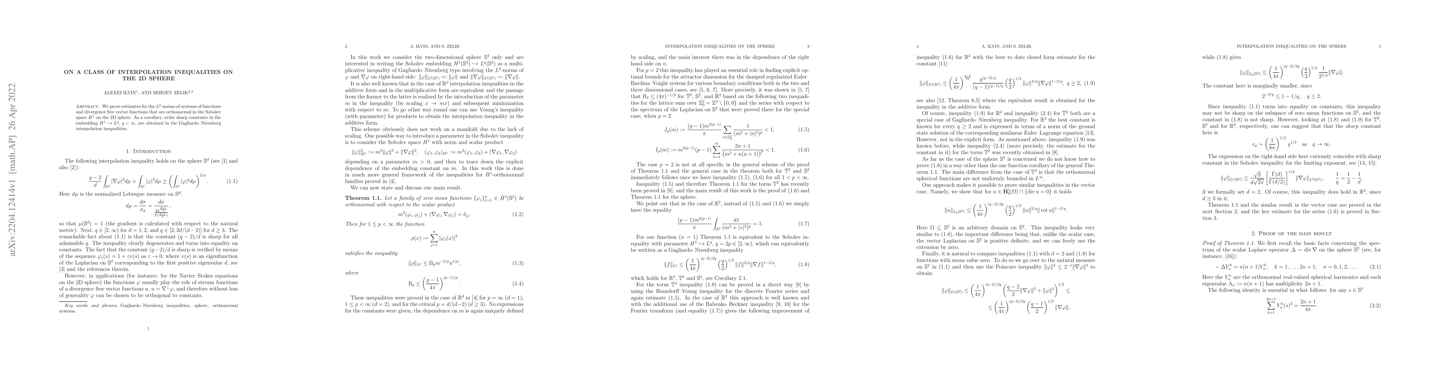 Thumbnail for On a class of interpolation inequalities on the 2D sphere