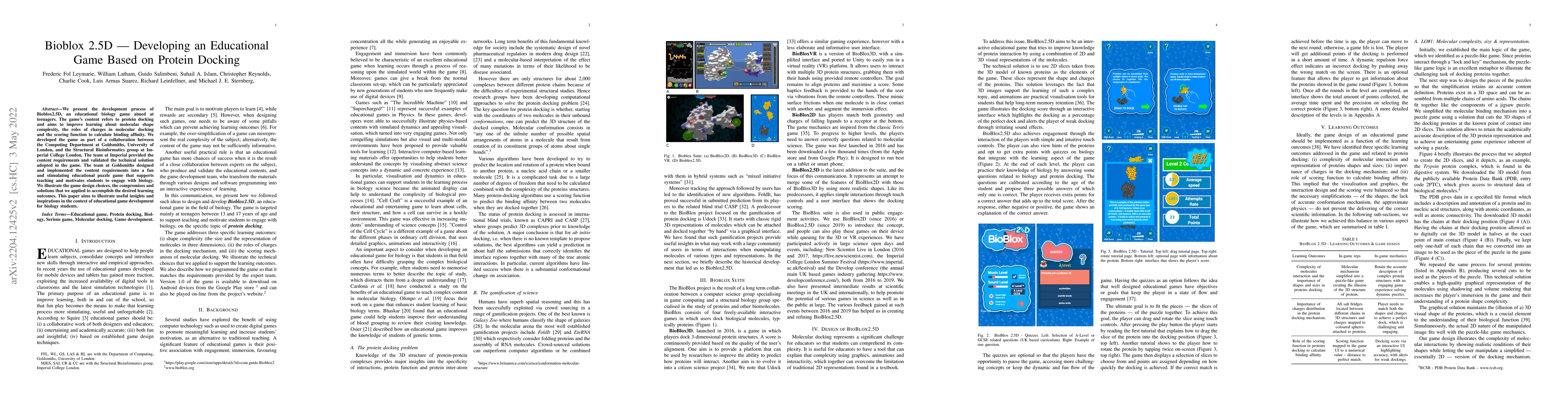 Thumbnail for Bioblox 2.5D -- Developing an Educational Game Based on Protein Docking