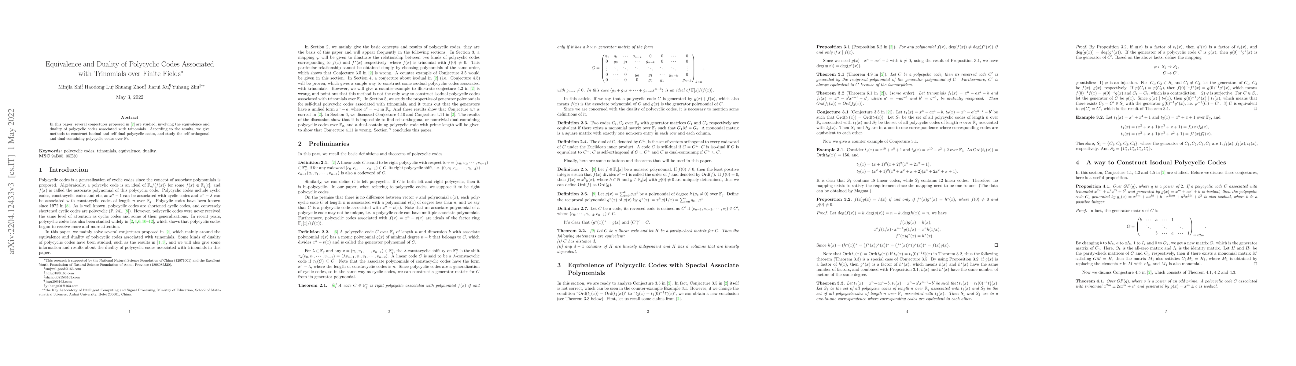 Thumbnail for Equivalence and Duality of Polycyclic Codes Associated with Trinomials
  over Finite Fields