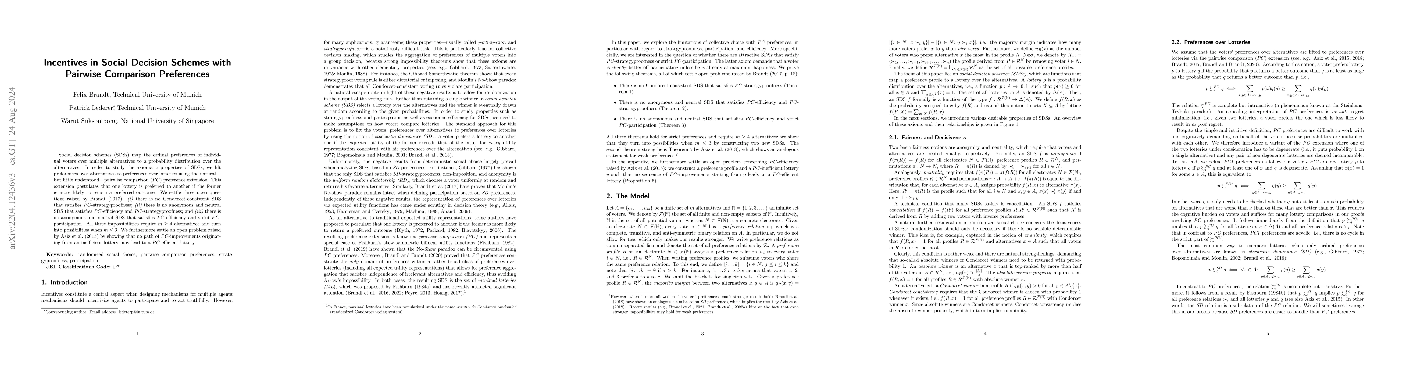 Thumbnail for Incentives in Social Decision Schemes with Pairwise Comparison
  Preferences
