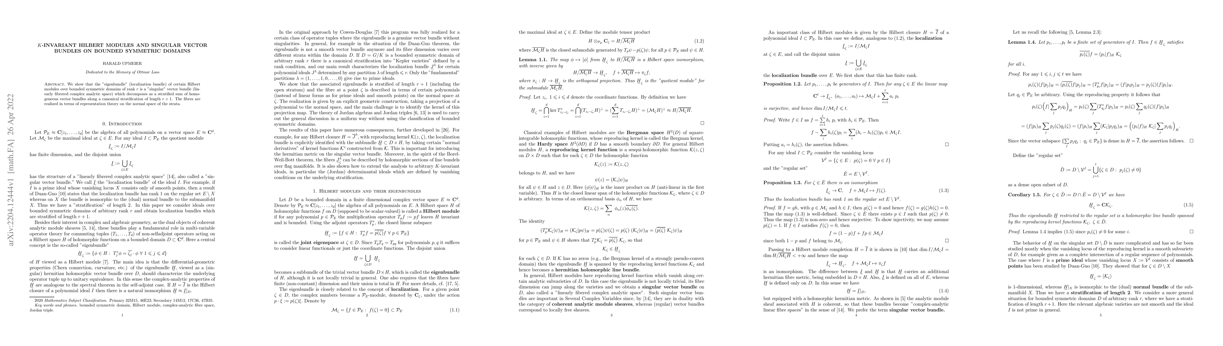 Thumbnail for K-invariant Hilbert Modules and Singular Vector Bundles on Bounded
  Symmetric Domains