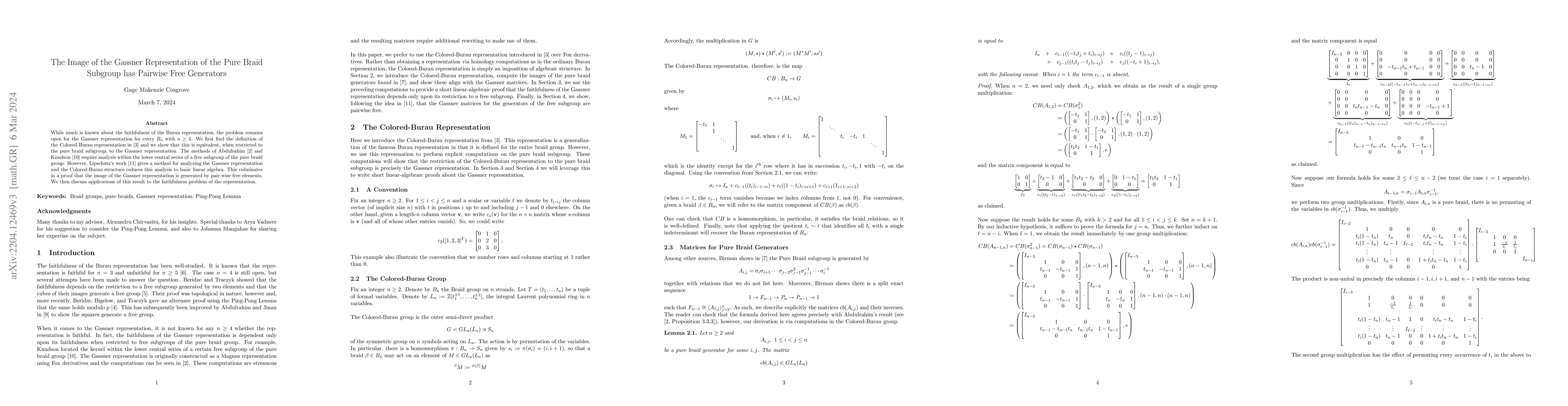 Thumbnail for The Image of the Gassner Representation of the Pure Braid Subgroup has
  Pairwise Free Generators
