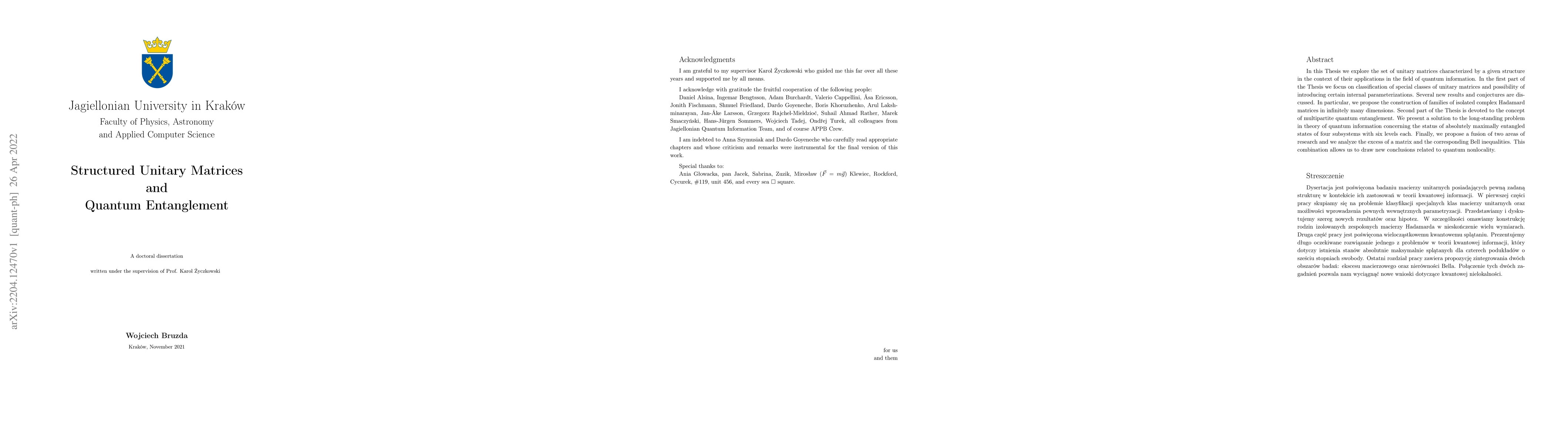 Thumbnail for Structured Unitary Matrices and Quantum Entanglement