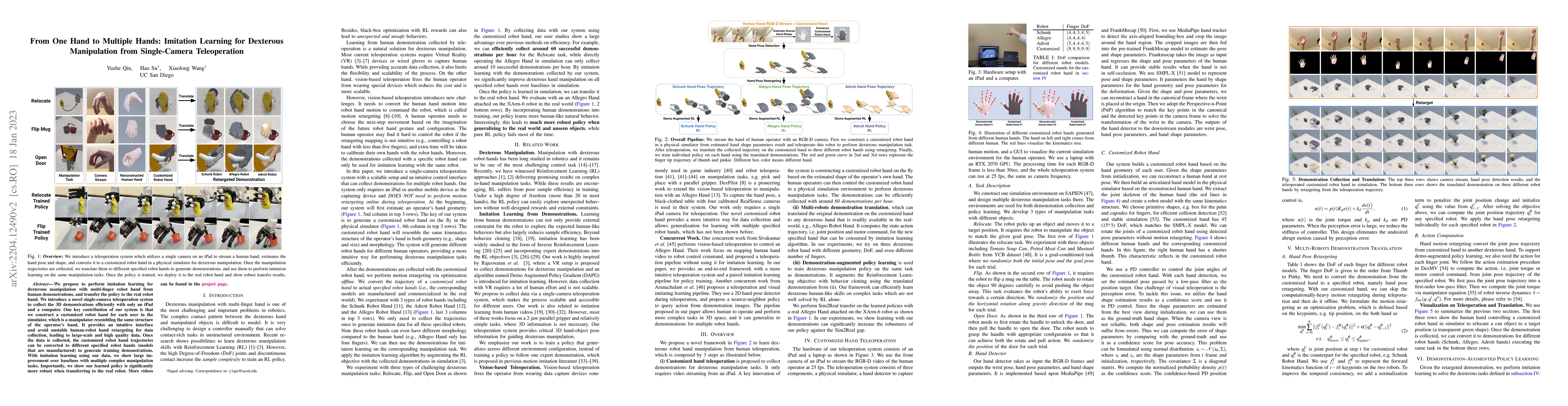 Thumbnail for From One Hand to Multiple Hands: Imitation Learning for Dexterous
  Manipulation from Single-Camera Teleoperation