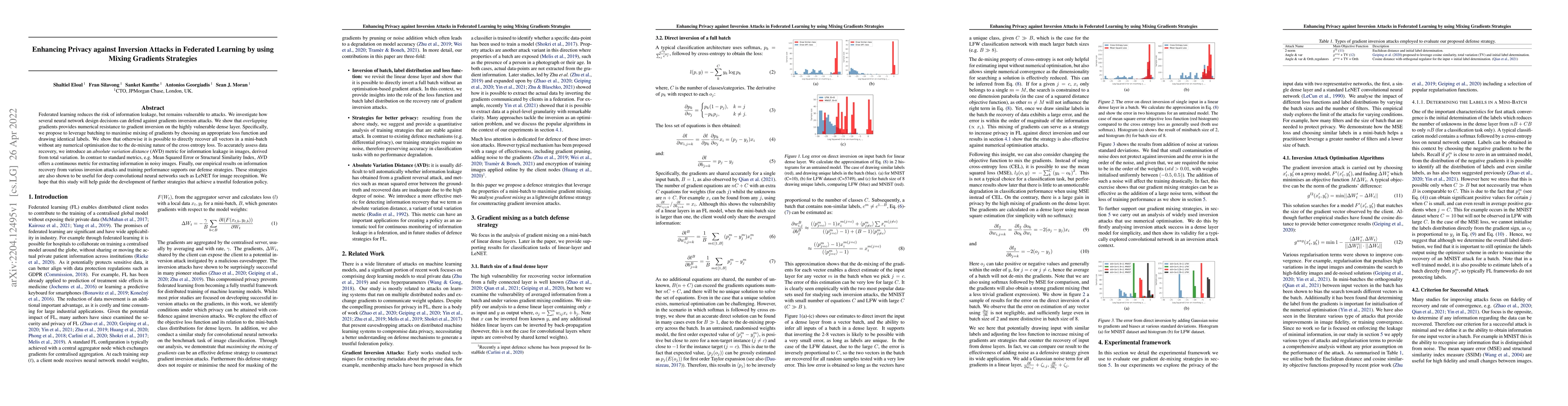 Thumbnail for Enhancing Privacy against Inversion Attacks in Federated Learning by
  using Mixing Gradients Strategies