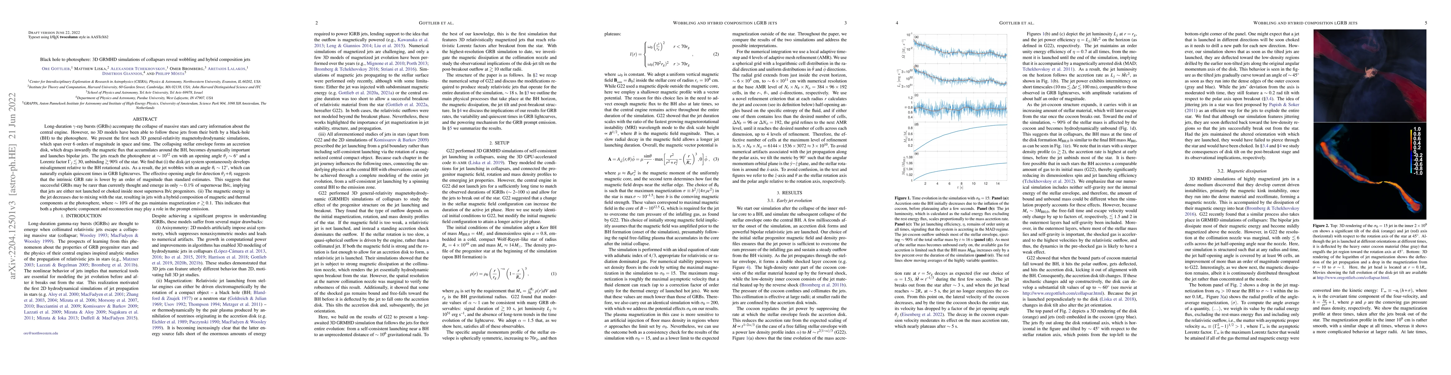 Thumbnail for Black hole to photosphere: 3D GRMHD simulations of collapsars reveal
  wobbling and hybrid composition jets