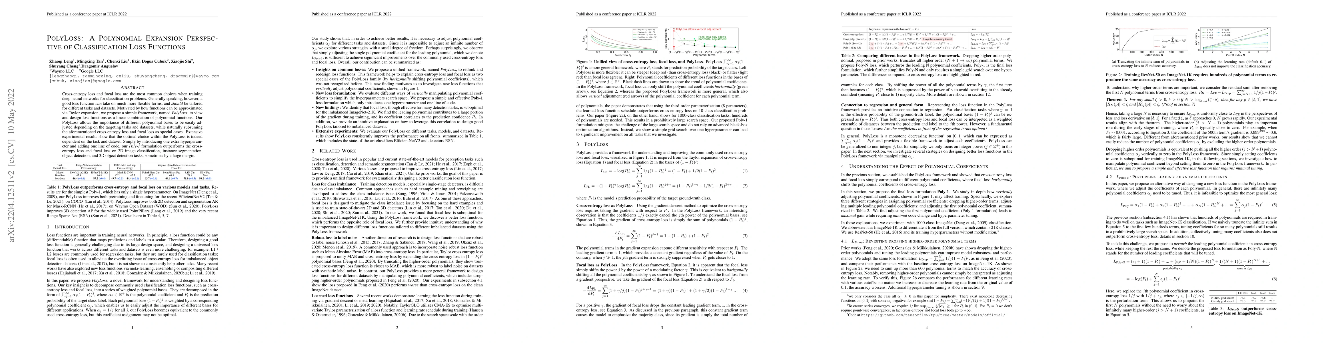 Thumbnail for PolyLoss: A Polynomial Expansion Perspective of Classification Loss
  Functions