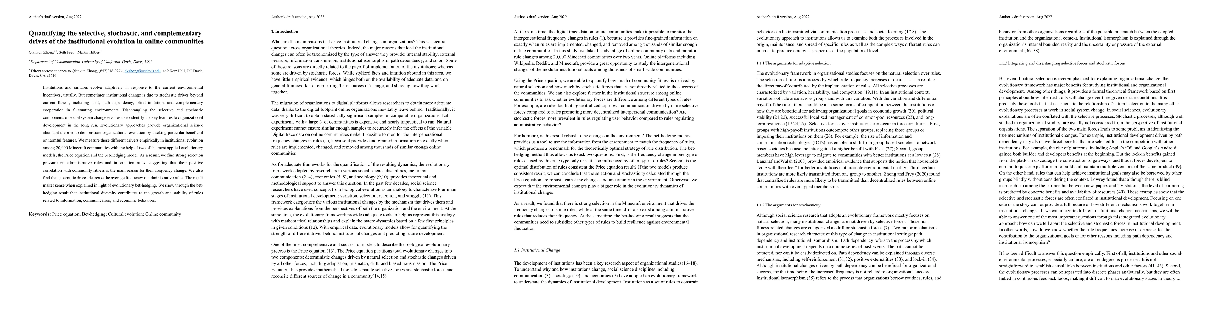 Thumbnail for Quantifying the selective, stochastic, and complementary drivers of the
  institutional evolution in online communities