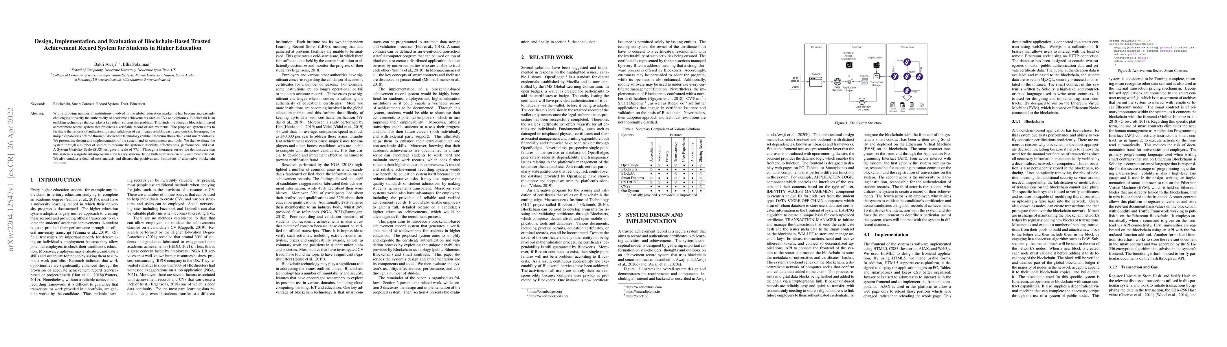 Thumbnail for Design, Implementation, and Evaluation of Blockchain-Based Trusted
  Achievement Record System for Students in Higher Education