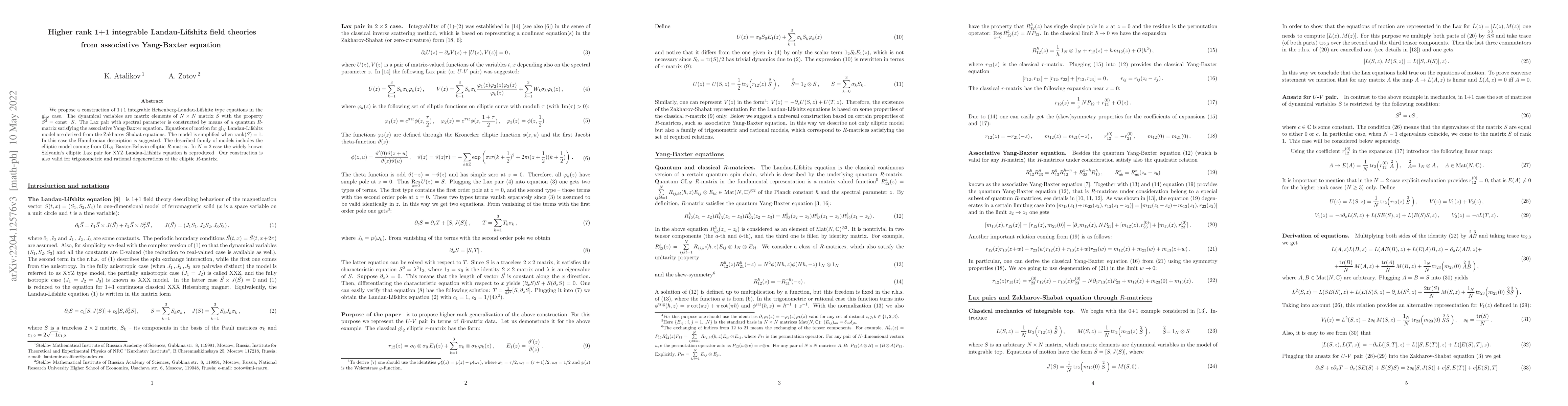Thumbnail for Higher rank 1+1 integrable Landau-Lifshitz field theories from
  associative Yang-Baxter equation