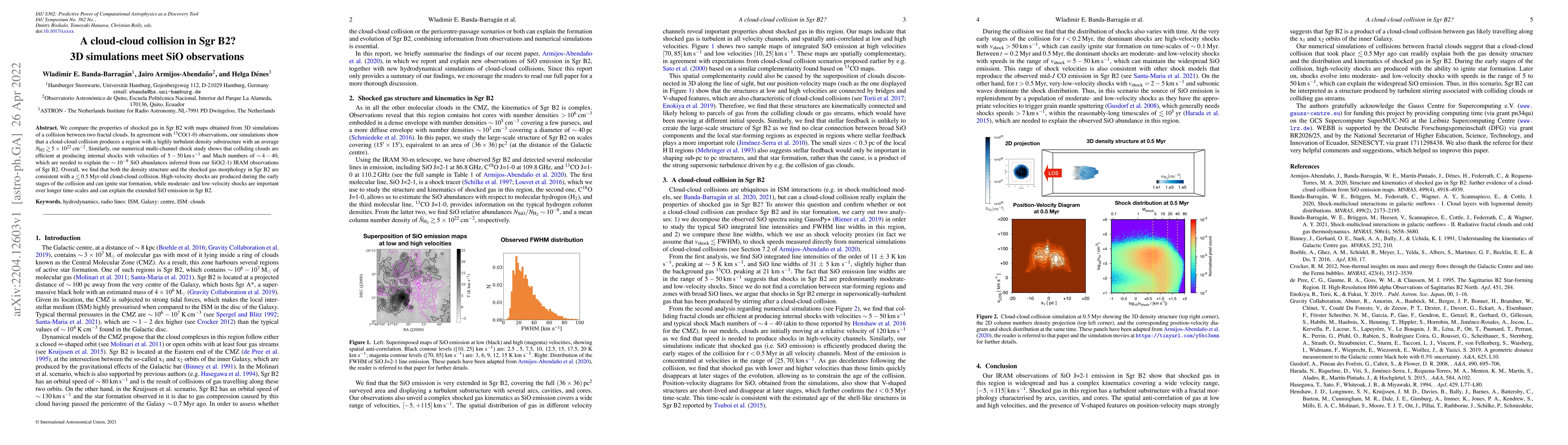 Thumbnail for A cloud-cloud collision in Sgr B2? 3D simulations meet SiO observations