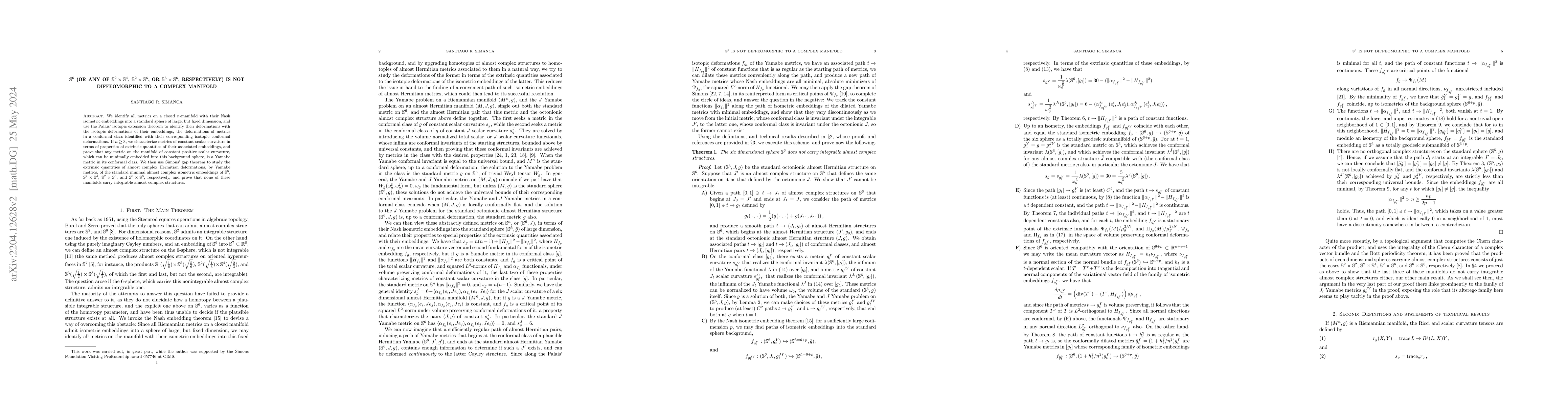 Thumbnail for $\mathbb{S}^6$ (or any of $\mathbb{S}^2 \times \mathbb{S}^4$,
  $\mathbb{S}^2\times\mathbb{S}^6$, or $\mathbb{S}^6\times \mathbb{S}^6$,
  respectively) is not diffeomorphic to a complex manifold