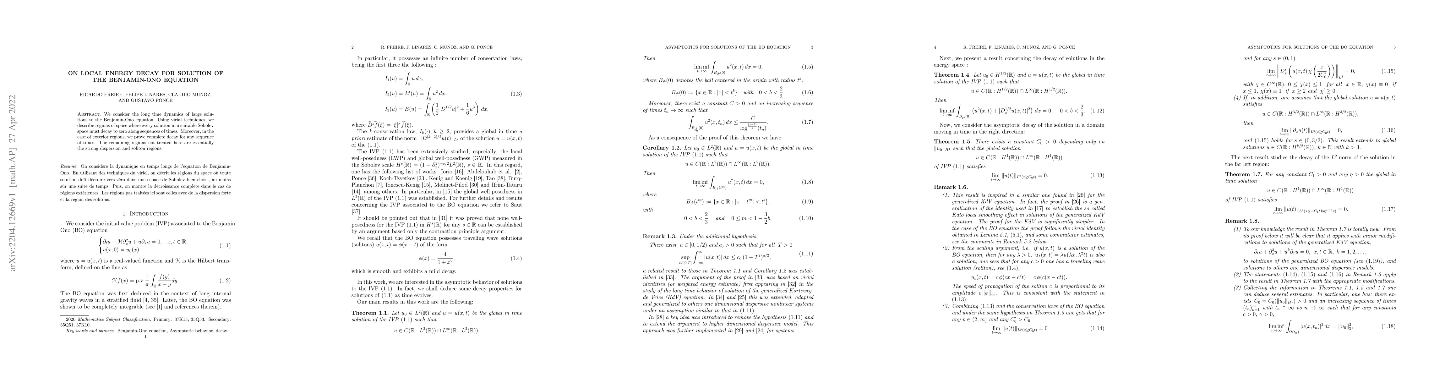 Thumbnail for On Local Energy decay for solution of the Benjamin-Ono equation