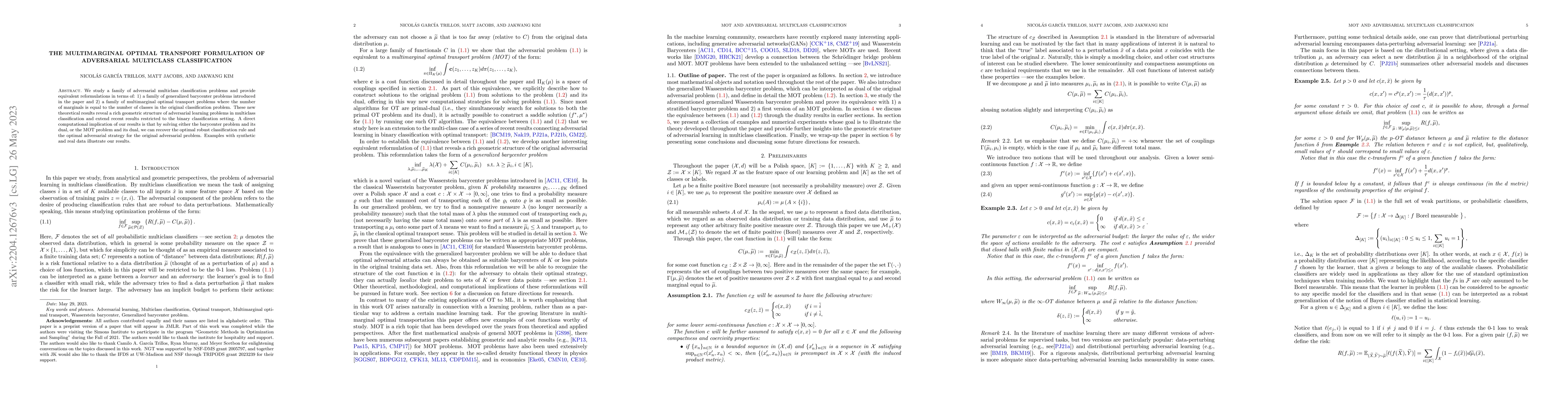 Thumbnail for The Multimarginal Optimal Transport Formulation of Adversarial
  Multiclass Classification