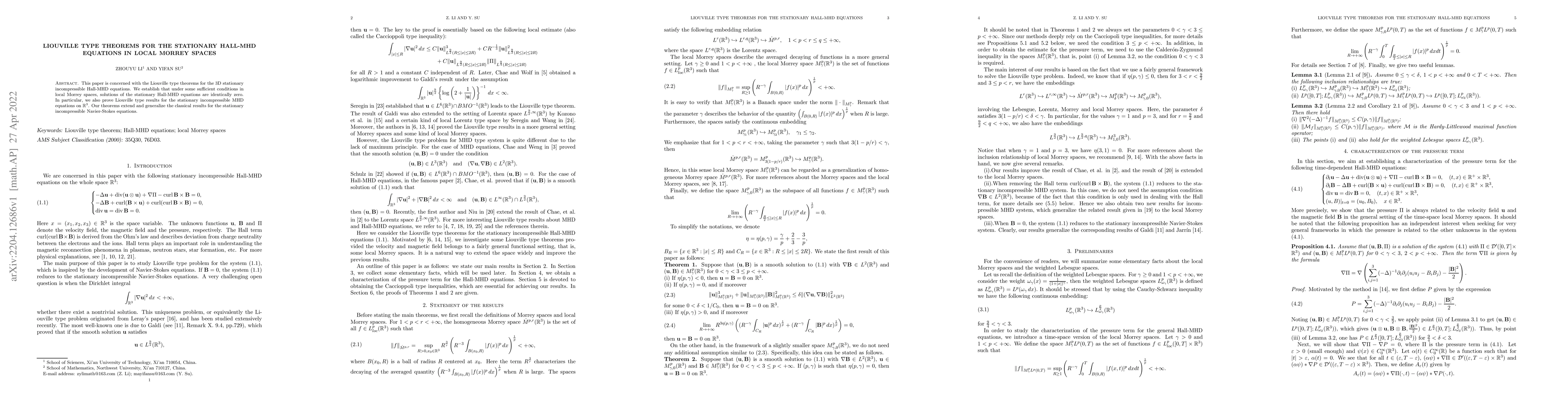 Thumbnail for Liouville type theorems for the stationary Hall-MHD equations in local
  Morrey spaces