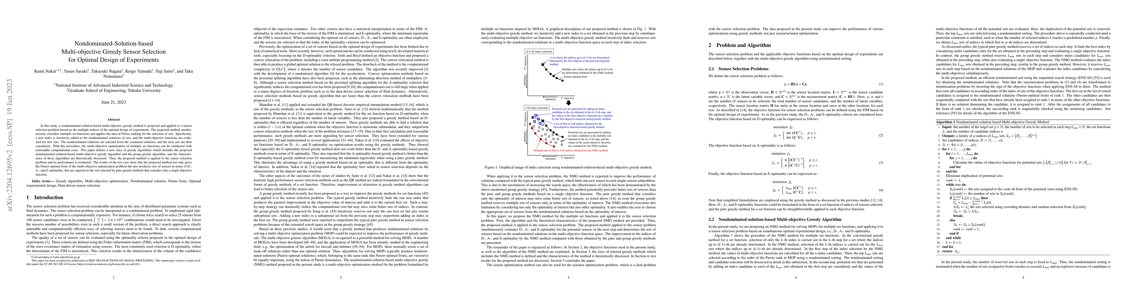 Thumbnail for Nondominated-Solution-based Multi-objective Greedy Sensor Selection for
  Optimal Design of Experiments