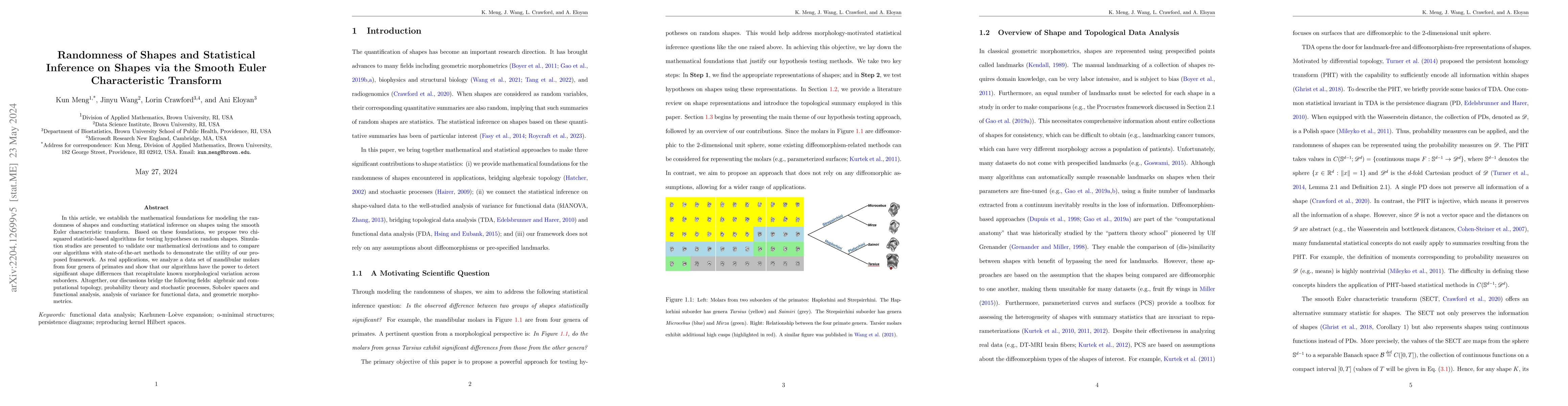 Thumbnail for Randomness of Shapes and Statistical Inference on Shapes via the Smooth
  Euler Characteristic Transform