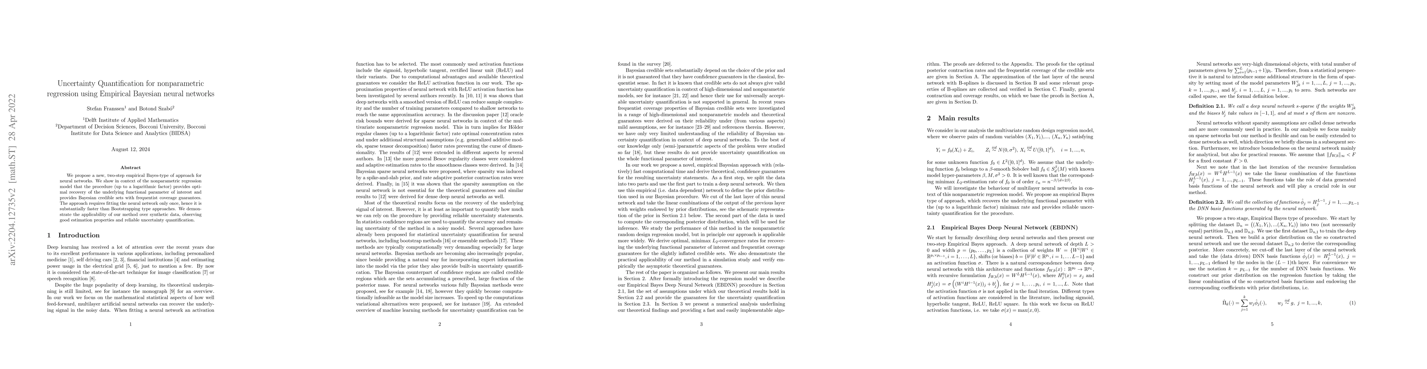 Thumbnail for Uncertainty Quantification for nonparametric regression using Empirical
  Bayesian neural networks