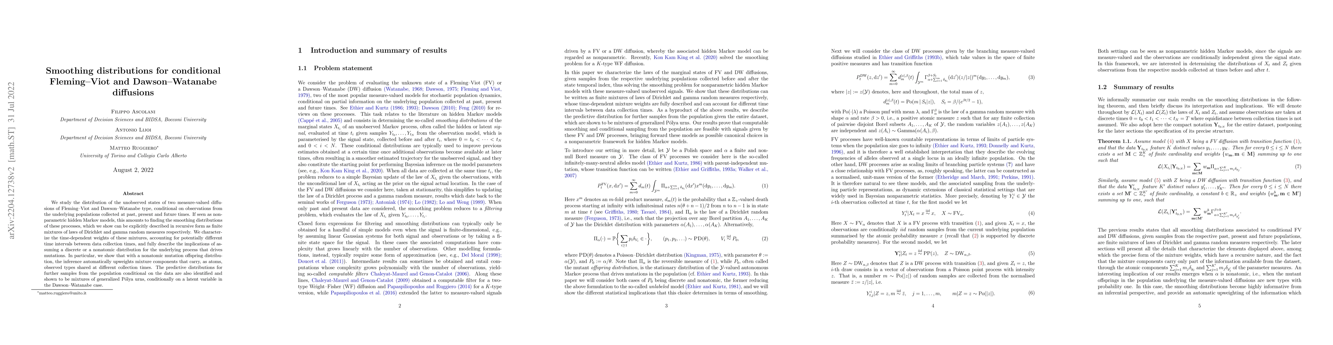 Thumbnail for Smoothing distributions for conditional Fleming-Viot and Dawson-Watanabe
  diffusions