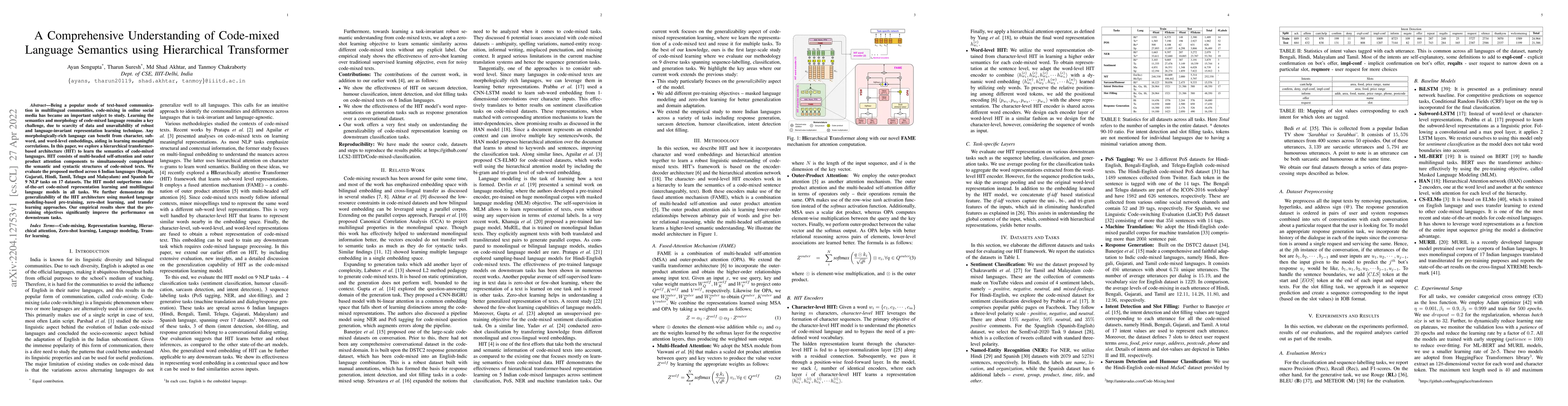 Thumbnail for A Comprehensive Understanding of Code-mixed Language Semantics using
  Hierarchical Transformer