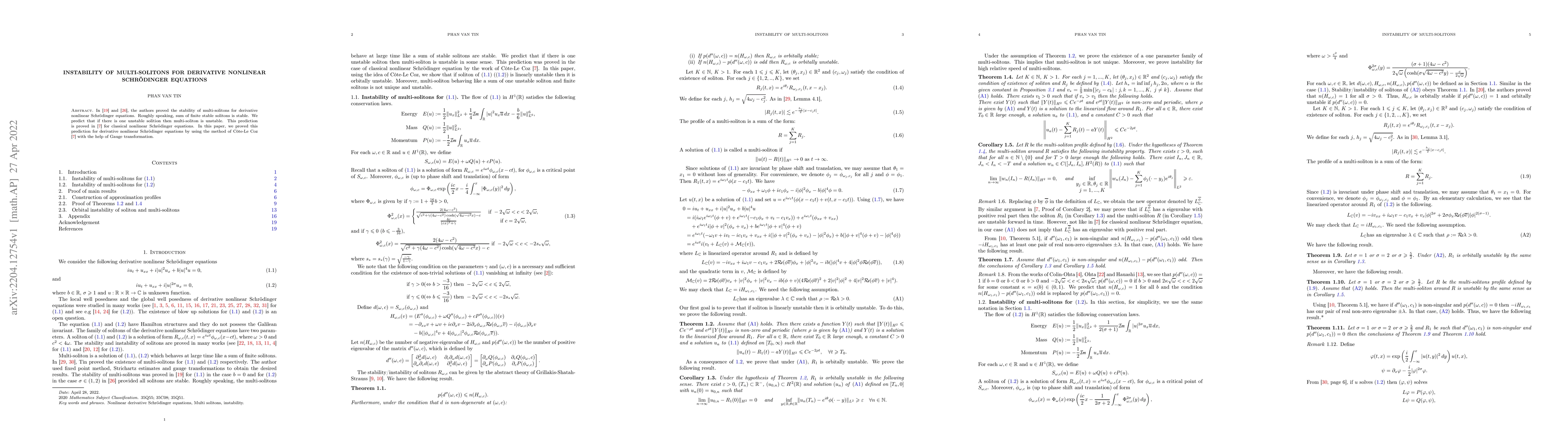 Thumbnail for Instability of Multi-Solitons for Derivative Nonlinear Schr{\"o}dinger
  Equations