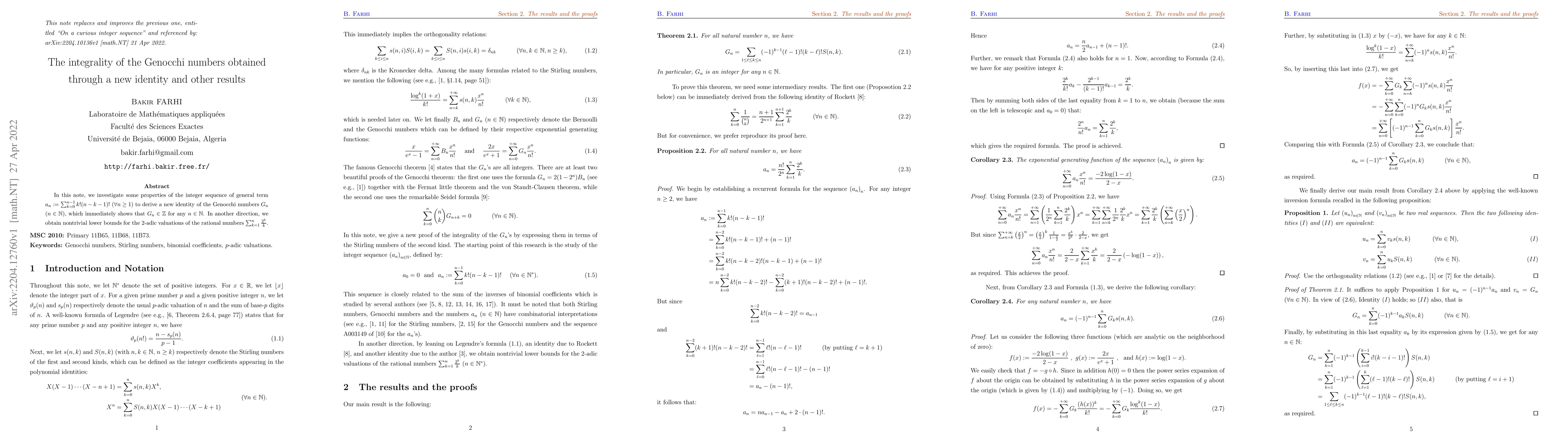 Thumbnail for The integrality of the Genocchi numbers obtained through a new identity
  and other results