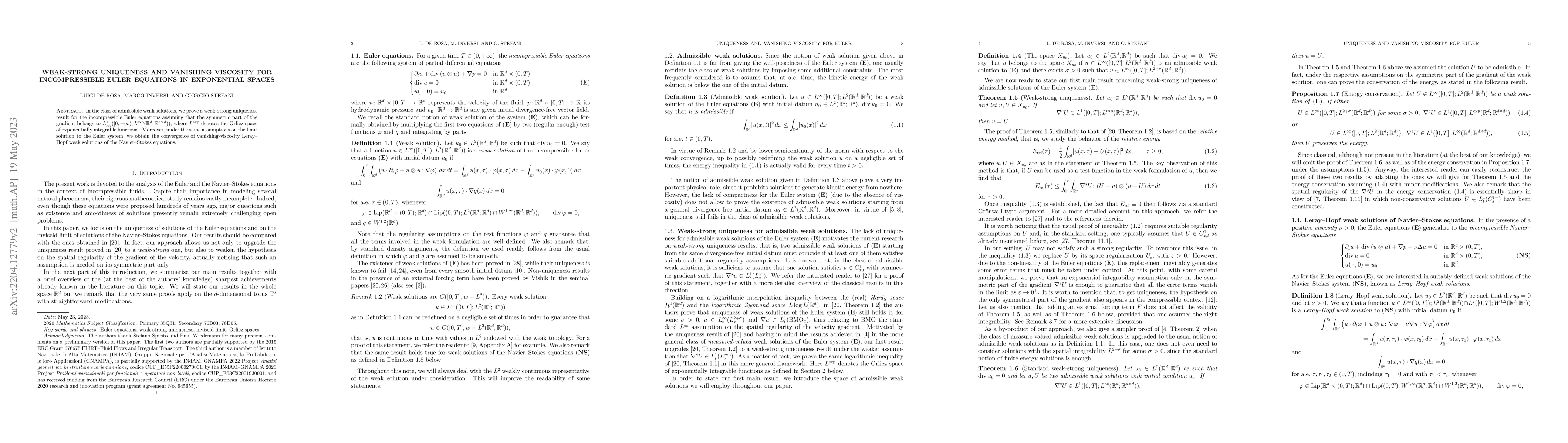 Thumbnail for Weak-strong uniqueness and vanishing viscosity for incompressible Euler
  equations in exponential spaces